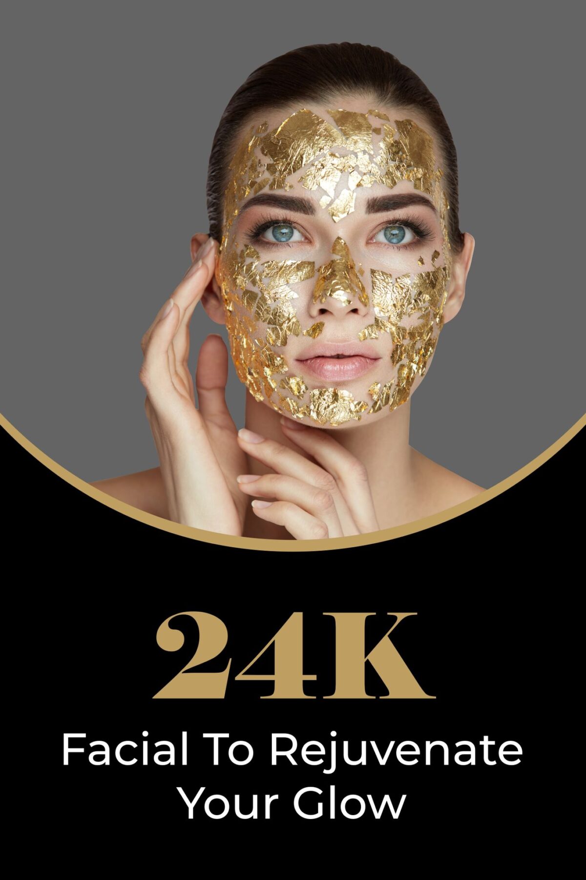 A woman with gold face mask on her face.