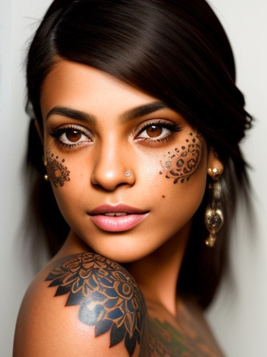 A woman with tattoos on her arms and face.